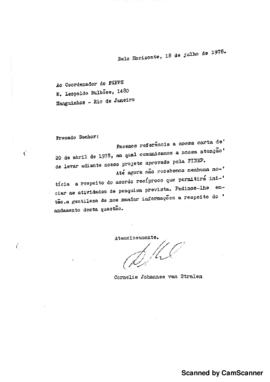 Carta de Cornelia Johannes Van Stralen avisando sobre continuação de projeto de pesquisa e intere...